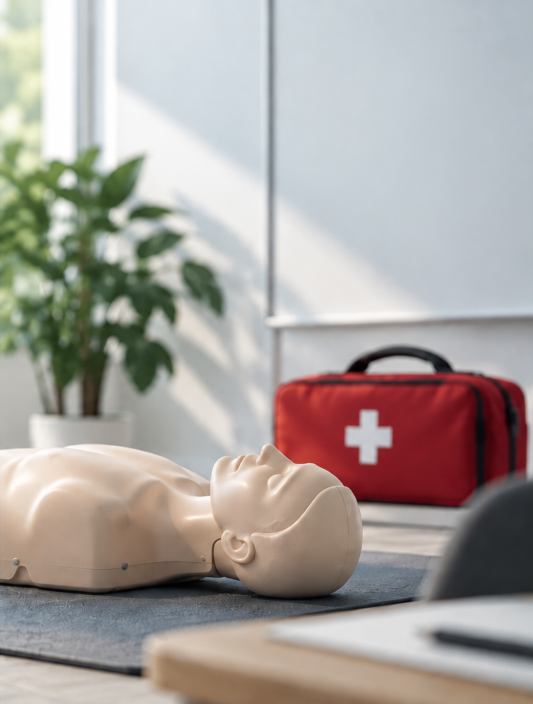 Mockup af FirstAidOnline HR-overblik til førstehjælpskurser for virksomheder